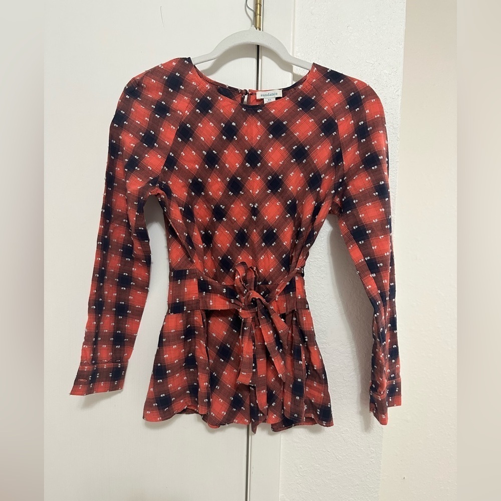 Sundance Coral Black Bias Check Swiss Dot Smock Waist Peplum Top Shirt XS
